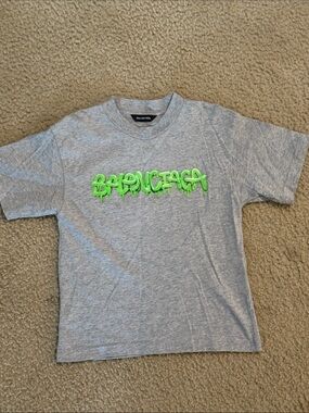 Balenciaga Kids Grey Tee with Neon Green Drip Logo